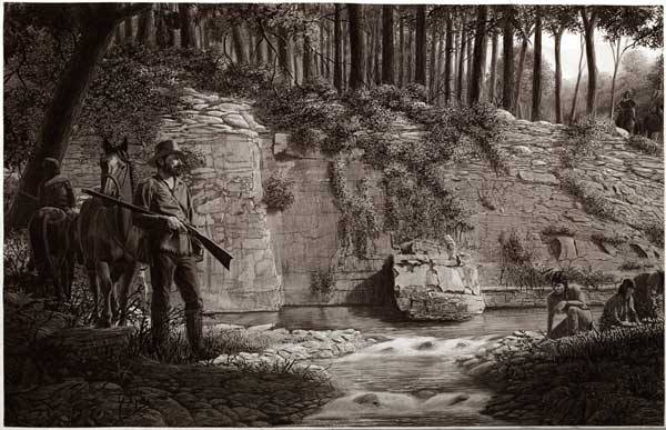 An old illustration of John Hunt, Huntsville's founder, at Big Spring, marking the beginning of its storied history and its first courthouse.