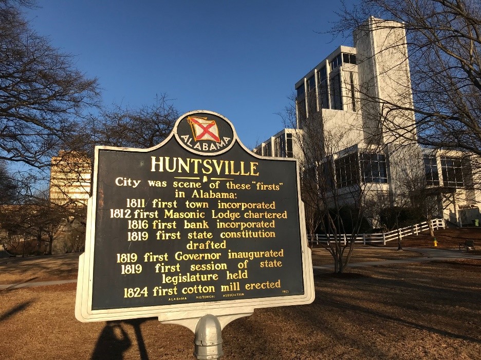 Historic marker at City Hall, a testament to Huntsville's enduring heritage.