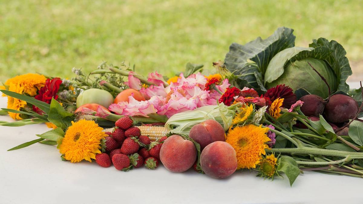 Fresh produce and flowers available at Bailey Cove Farmers Market—perfect for Thanksgiving sides and decor.